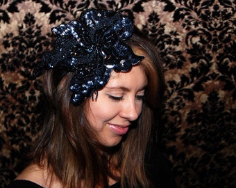 SALE Black and Silver Beaded & Sequin Handmade Flower Headband/Fascinator // Black or Blonde Elastic band // Party Wear