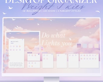 Könnte beinhalten: Ein Computermonitor zeigt einen Desktop-Organizer mit einem pastellfarbenen Himmel-Thema. Der Bildschirm zeigt ein Hintergrundbild mit Wolken und Vögeln sowie den Text "DESKTOP ORGANIZER Bright Skies". Die Oberfläche enthält Symbole und den Satz "Do what Lights you".