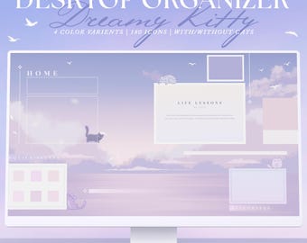 Könnte beinhalten: Ein Computermonitor, der einen Desktop-Organizer mit einer verträumten, pastellfarbenen Ästhetik anzeigt. Der Bildschirm zeigt einen weichen lila und blauen Himmelshintergrund mit Katzenillustrationen und dem Text "DESKTOP ORGANIZER Dreamy Kitty". Enthält Symbole und den Text "4k wallpaper".