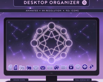 May include: A computer screen displaying a purple and white animated desktop organizer with a star-shaped design and the text "SUMMONING DESKTOP ORGANIZER". The screen is surrounded by a purple background with white stars.