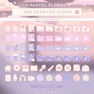 K&ouml;nnte beinhalten: Ein Set mit 345 pastellfarbenen Blumen-Desktop-Icons in drei Farbvarianten. Die Icons beinhalten einen Papierkorb, einen Ordner, ein Dokument, ein Haus, ein Zahnrad, ein Bild, ein Buch, einen Schl&uuml;ssel, einen Pinsel, eine Lotusblume, ein Herz, einen Play-Button, einen Umschlag, eine Liste, ein Mikrofon, Kopfh&ouml;rer und die Buchstaben A, B und C.