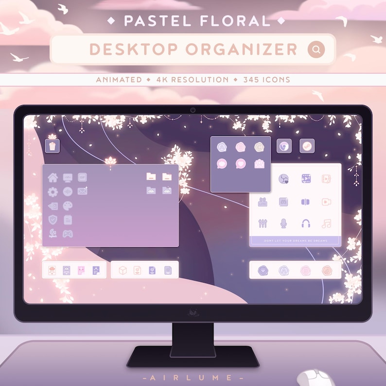 K&ouml;nnte beinhalten: Ein Computermonitor zeigt einen pastellfarbenen Desktop-Organizer mit Blumenmotiven und 345 animierten Symbolen. Der Hintergrund ist ein sanfter rosa-lilafarbener Farbverlauf mit wei&szlig;en Blumen und einem Leuchteffekt. Der Text "Pastel Floral Desktop Organizer" wird oben auf dem Bildschirm angezeigt.
