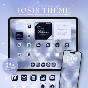 以下が含まれることがあります： カスタムiOS18テーマを表示するiPadとiPhoneのデジタル製品モックアップ。テーマには、11個のiPad壁紙、25個のウィジェットデザイン、40個のiPhone壁紙が含まれています。デザインは、285個のユニークなアイコンを備えた、柔らかく夢のような美学が特徴です。