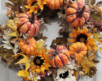 Light Up-Pumpkin Sunflower Fall Grapevine Wreath