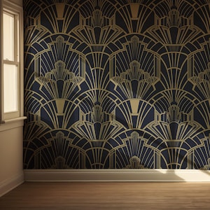 Art Deco Geometric Wallpaper - Luxe Golden Lines on Navy Blue - Elegant Retro Wall Mural | Peel and Stick | Removable Wall Art