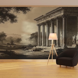 Carta da parati Golden Antique Temple Landscape - Elegante decorazione murale Peel and Stick per interni classici senza tempo