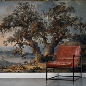 Vintage Oak Tree Landscape Peel and Stick Wallpaper - Classic Countryside Scene - Easy Removable Wall Art for Home Decor