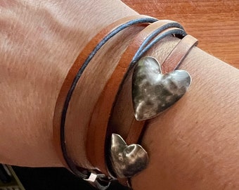 Leather Wrap Bracelet adorned with Sterling Silver hearts