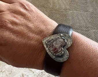 Leather Cuff with Heart Shaped Jasper