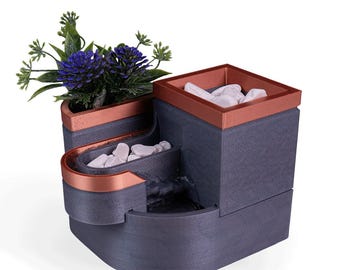 Vorm en gebladerte tafelbladfontein en plantenbak – Zen-waterornament voor binnen met ingebouwde plantenhouder | Bureaufontein | Ontspannend decor