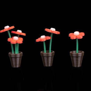 May include: Four small potted plants with red and white flowers. The plants are in brown pots and have green stems.