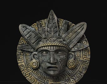 Art mural chef tlatoani – sculpture d'inspiration mésoaméricaine | Décoration murale aztèque | Disponible en finition blanche ou bronze vieilli