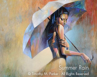 Abstract Figure Fine Art Paper Print • Umbrella Painting Reproduction • SUMMER RAIN • Contemporary Woman Art • Figurative Art • Umbrella