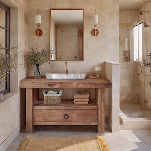 Mobiletto per bagno rustico personalizzato – Mobiletto per lavabo sospeso in legno massello fatto a mano con ripiano, stile fattoria