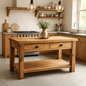 May include: A wooden kitchen island with two drawers and a lower shelf. The island is made of light-coloured wood and has black hardware. A stainless steel fridge is visible in the background, along with a white tiled backsplash and wooden shelves.
