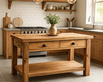 Custom Handmade Rustic Wooden Kitchen Island – Farmhouse Style Live Edge Table with Storage Shelf