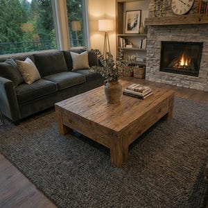 May include: A living room with a dark gray sofa, a large wooden coffee table, and a gray rug. A fireplace with a stone facade and a lit fire is in the background. The room has large windows and natural light.