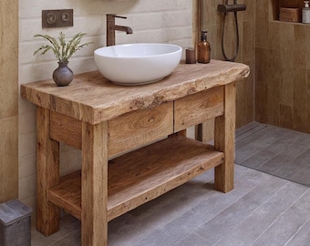 Custom Rustic Bathroom Vanity – Handmade Solid Wood Floating Sink Cabinet with Shelf Farmhouse
