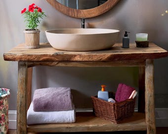 Custom Rustic Bathroom Vanity – Handmade Solid Wood Floating Sink Cabinet with Shelf Farmhouse