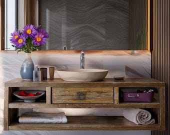 Custom Rustic Bathroom Vanity – Handmade Solid Wood Floating Sink Cabinet with Shelf Farmhouse