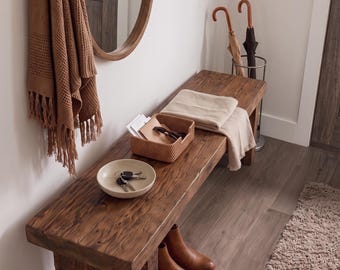 Mesa de banco rústica de estilo granja – Mesa auxiliar de sofá para recibidor o recibidor, hecha a mano en madera maciza con borde natural