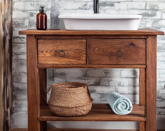Custom Rustic Bathroom Vanity – Handmade Solid Wood Floating Sink Cabinet with Shelf Farmhouse