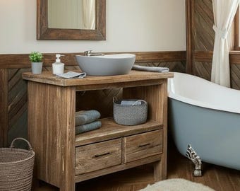 Custom Rustic Bathroom Vanity – Handmade Solid Wood Floating Sink Cabinet with Shelf Farmhouse