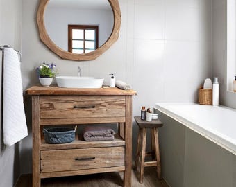 Custom Rustic Bathroom Vanity – Handmade Solid Wood Floating Sink Cabinet with Shelf Farmhouse