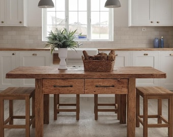 Custom Handmade Rustic Wooden Kitchen Island – Farmhouse Style Live Edge Table with Storage Shelf