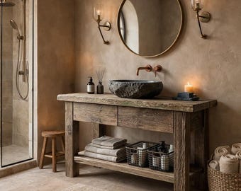 Custom Rustic Bathroom Vanity – Handmade Solid Wood Floating Sink Cabinet with Shelf Farmhouse