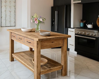 Custom Handmade Rustic Wooden Kitchen Island – Farmhouse Style Live Edge Table with Storage Shelf