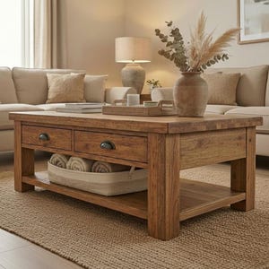 May include: A wooden coffee table with two drawers and a lower shelf. The table is a warm brown colour and has a rectangular shape. A woven basket with rolled towels sits on the lower shelf.