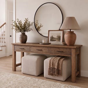 Può includere: Una consolle in legno con tre cassetti, uno specchio rotondo nero e una lampada in terracotta. Due pouf in velluto a coste beige sono posizionati sotto il tavolo. Un vaso con verde e un quadro incorniciato completano l'arredamento.