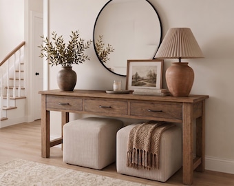 Mesa consola rústica de estilo granja – Mesa auxiliar para recibidor o entrada, hecha a mano en madera maciza con borde natural.