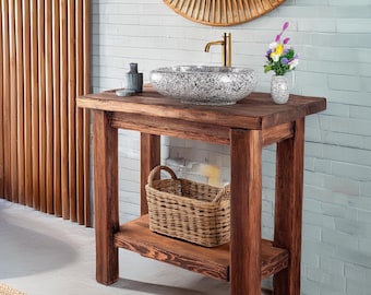 Custom Rustic Bathroom Vanity – Handmade Solid Wood Floating Sink Cabinet with Shelf Farmhouse