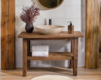 Custom Rustic Bathroom Vanity – Handmade Solid Wood Floating Sink Cabinet with Shelf Farmhouse