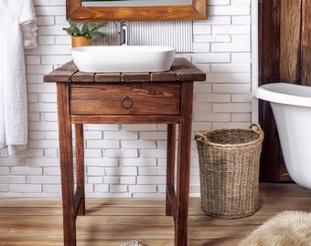 Custom Rustic Bathroom Vanity – Handmade Solid Wood Floating Sink Cabinet with Shelf Farmhouse