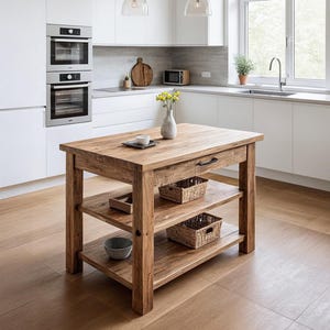 May include: A wooden kitchen island with a rectangular top and two lower shelves. The island has a drawer and two woven baskets. A vase of yellow flowers sits on the countertop. The island is 122 cm long, 76 cm wide, and 91 cm high.