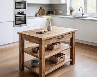 Custom Handmade Rustic Wooden Kitchen Island – Farmhouse Style Live Edge Table with Storage Shelf