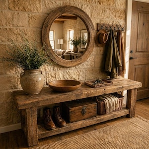 May include: A rustic wooden entryway bench featuring a lower shelf holding a pair of brown leather boots, a wooden chest, and a wicker basket with a blanket. On top sits a ceramic vase with greenery, a wooden bowl, and a small tray with keys.