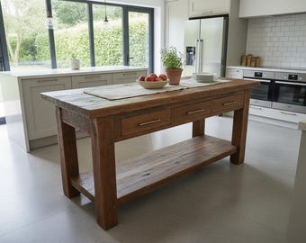 Custom Handmade Rustic Wooden Kitchen Island – Farmhouse Style Live Edge Table with Storage Shelf