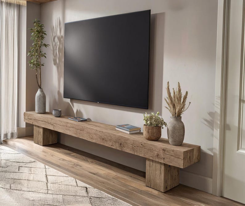 May include: A long, rectangular wooden console table with a rough, textured grain and two block-style legs. The table holds a tall grey vase with a green plant, a small grey bowl, two stacked books, a small potted plant, and a tall grey vase with dried grass.