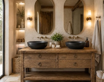 Custom Rustic Bathroom Vanity – Handmade Solid Wood Floating Sink Cabinet with Shelf Farmhouse