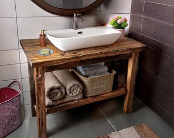Custom Rustic Bathroom Vanity – Handmade Solid Wood Floating Sink Cabinet with Shelf Farmhouse