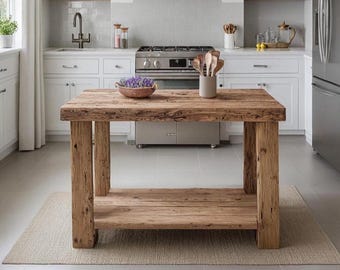 Custom Handmade Rustic Wooden Kitchen Island – Farmhouse Style Live Edge Table with Storage Shelf