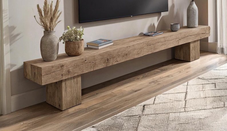 May include: A long, rectangular wooden console table featuring a natural, weathered grain finish. The piece is supported by two thick, block-style legs and holds a tall gray vase with dried grass, a small potted plant, and a stack of books.