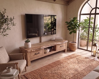 Mueble de TV rústico de granja – Consola multimedia de madera maciza, centro de entretenimiento hecho a mano con borde natural