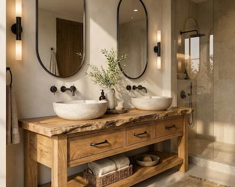 Custom Rustic Bathroom Vanity – Handmade Solid Wood Floating Sink Cabinet with Shelf Farmhouse