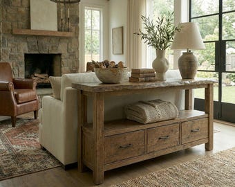 Rustic Farmhouse Console Table – Handmade Solid Wood Live Edge Hallway Entryway Sofa Table