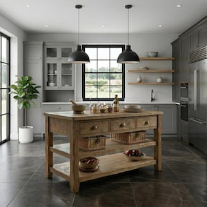 Custom Handmade Rustic Wooden Kitchen Island – Farmhouse Style Live Edge Table with Storage Shelf